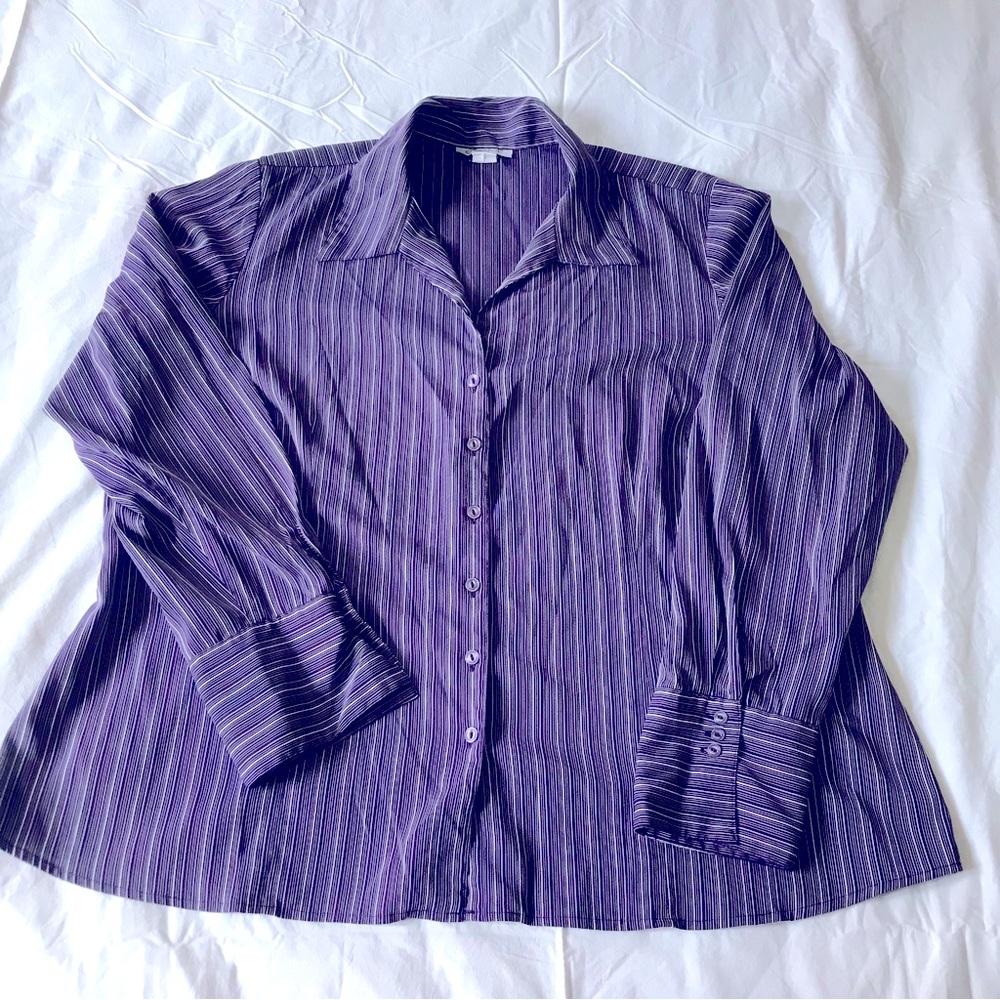 Jessica Plus Long Sleeve Button Down Shirt Stripped Purple/White Size 3X